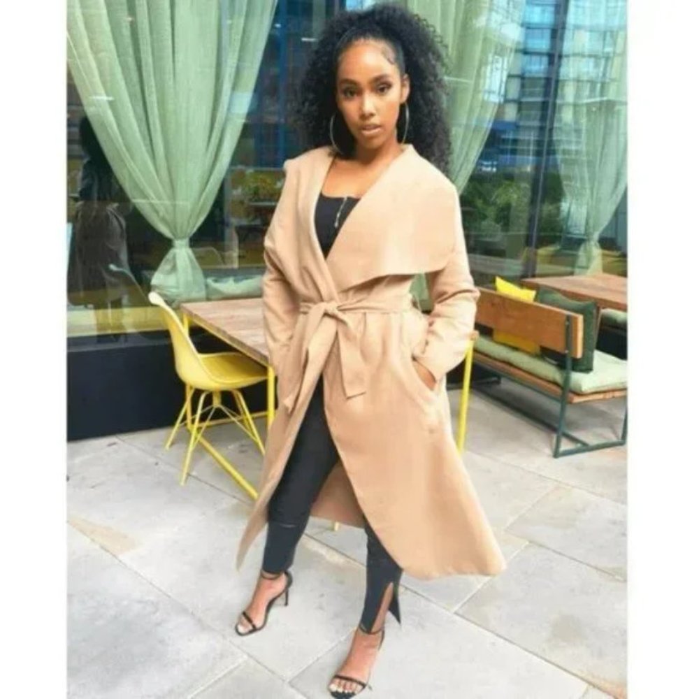 1 DAY SALE! Camel Wool Blend Oversized Belted Long Maxi Waterfall Collar Coat - Picture 8 of 9